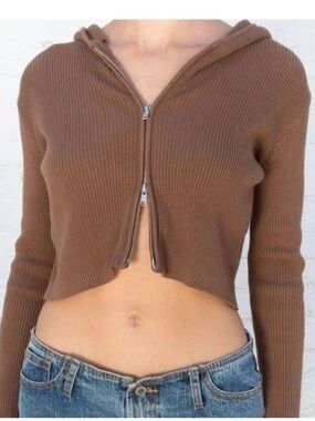 John Galt Cropped Ribbed Zip Hoodie Sweater Brown O/S NWOT